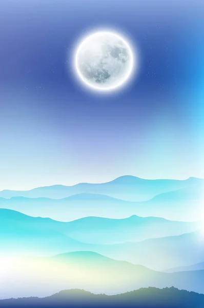 Fondo con luna llena y montañas en la niebla — Vector de stock