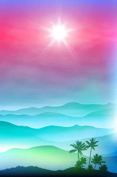 Hintergrund mit Palme und Bergen im Nebel — Stockvektor