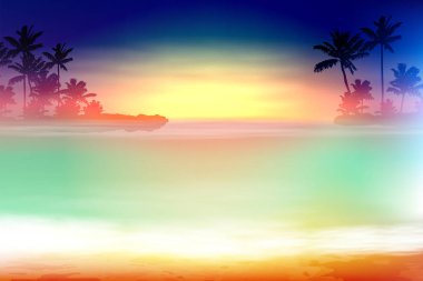 Palmiye ağaçları ile renkli deniz günbatımı