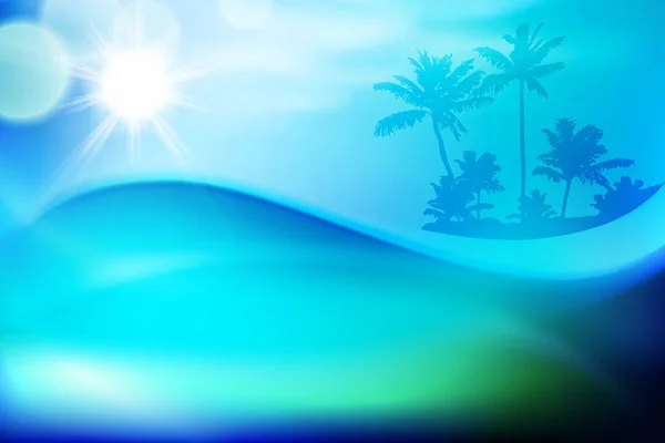 Ola de agua azul e isla con palmeras — Vector de stock