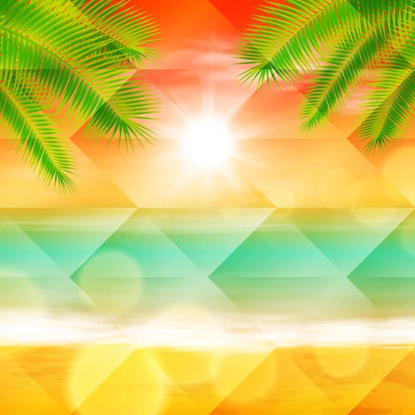 Puesta de sol de mar con hojas de palmera — Vector de stock