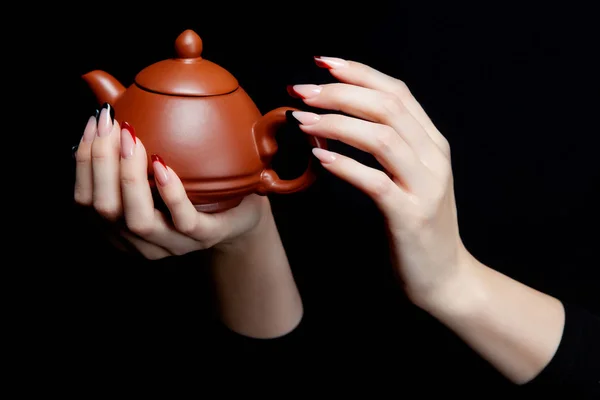 Hand holding a Japanese ceramic teapot with lid — Stock Photo, Image