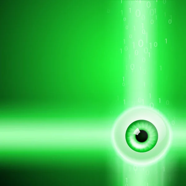 目とバイナリ コードで緑の背景. — ストックベクタ