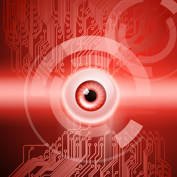 Fond rouge avec oeil et circuit — Image vectorielle