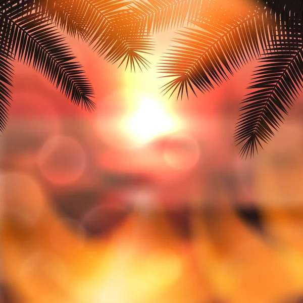 Laut matahari terbenam merah dengan daun palmtree - Stok Vektor