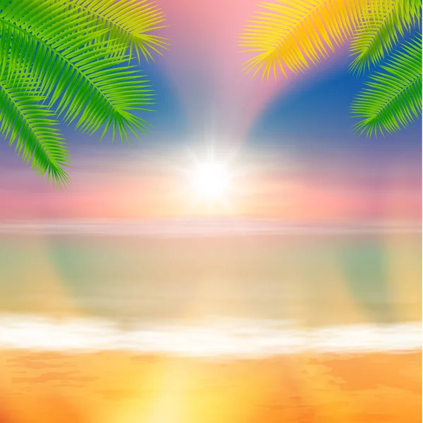 Beach and tropical sea with bright sun — Stock Vector