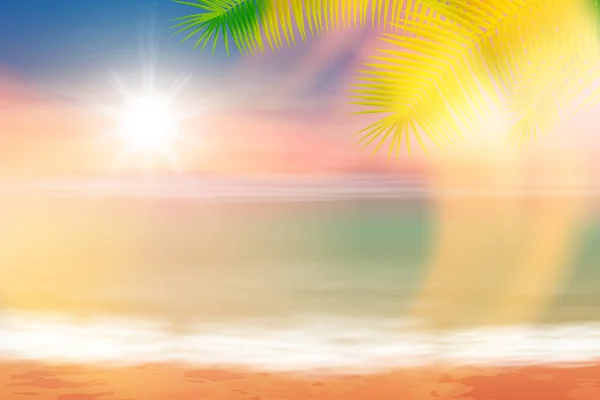 Beach and tropical sea with bright sun — Stock Vector