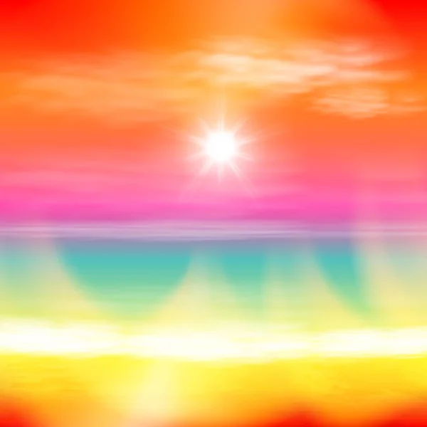 Pôr do sol do verão do mar com o sol e a luz na lente — Vetor de Stock