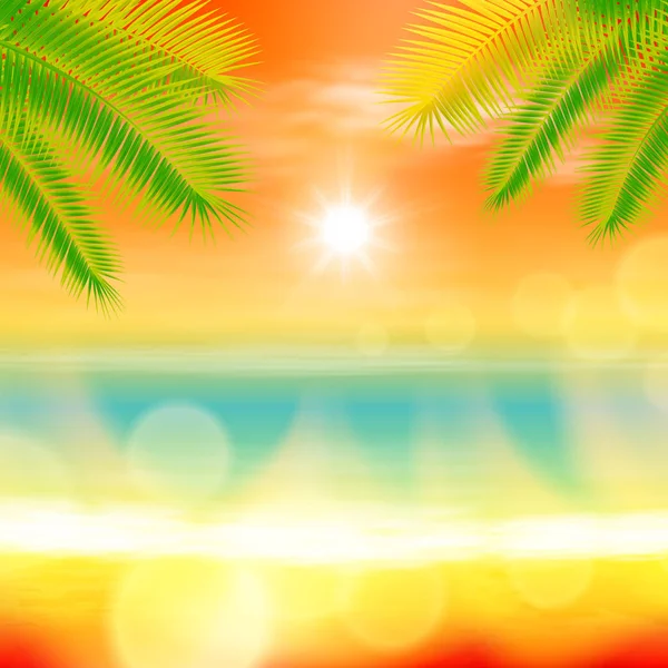 Puesta de sol de verano de mar con palmera y luz en la lente — Vector de stock