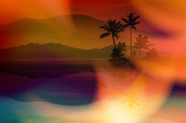 Deniz ve palmiye ağaçları ile mor yaz arka plan