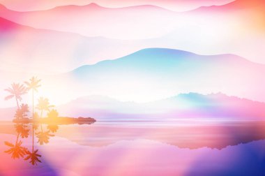 Deniz ve palmiye ağaçları ile mor yaz arka plan