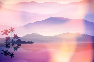 Deniz ve palmiye ağaçları ile mor yaz arka plan