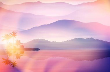 Deniz ve palmiye ağaçları ile mor yaz arka plan