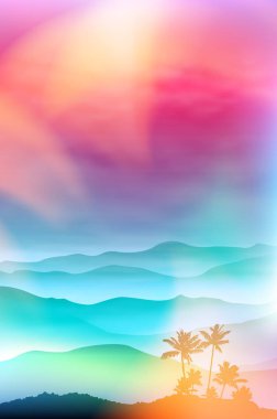 palmiye ağacı ve Dağları sis arka plan