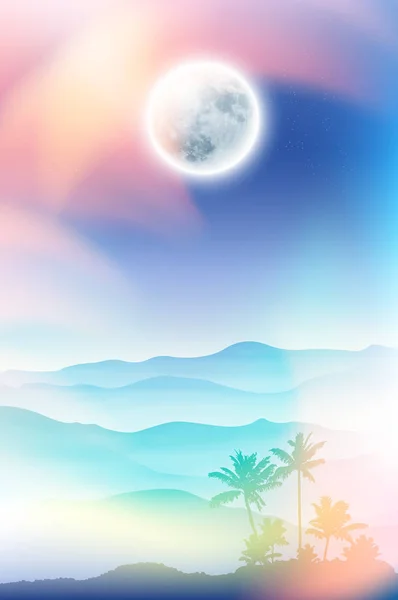 Fullmoon és palm tree és a hegyek a köd — Stock Vector