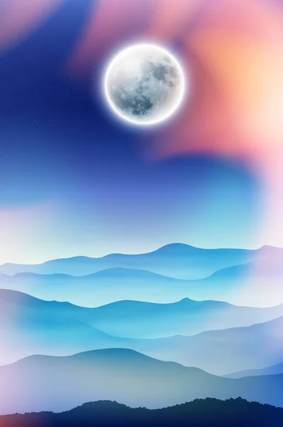 Fondo con luna llena y montañas en la niebla — Vector de stock