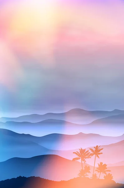 Fondo con palmeras y montañas en la niebla — Vector de stock