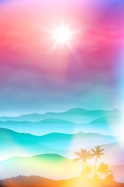 palmiye ağacı ve Dağları sis arka plan