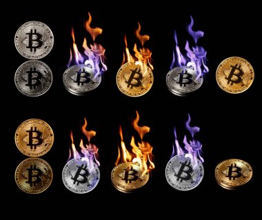 Yangın bitcoin siyah izole yanan kümesi