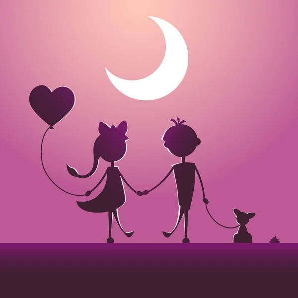 Silhouettes of a boy and a girl walking in the moonlight. — Stock Vector