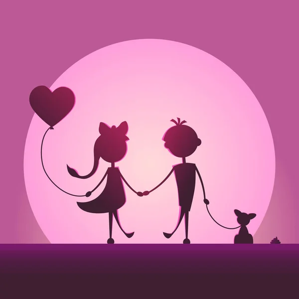 Egy fiú és egy lány séta a holdfényben sziluettek. — Stock Vector