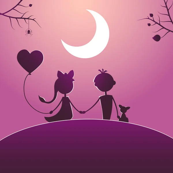 Silhouettes d'un garçon et d'une fille marchant au clair de lune . — Image vectorielle