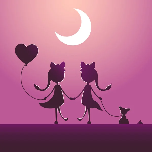 Silhouettes of LGBT couple walking in the moonlight. — Stock Vector