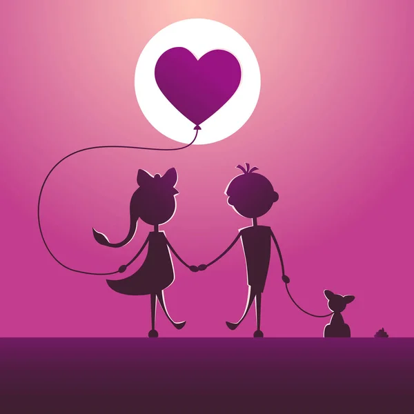 Silhouettes of a boy and a girl walking in the moonlight. — Stock Vector