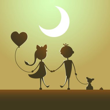Siluetleri balon ışığında yürüme ile bir kız ve bir erkek ile evde beslenen hayvan. Aşk kavramı. Tasarım kartı. Sevgililer günü. Sarı arka plan.