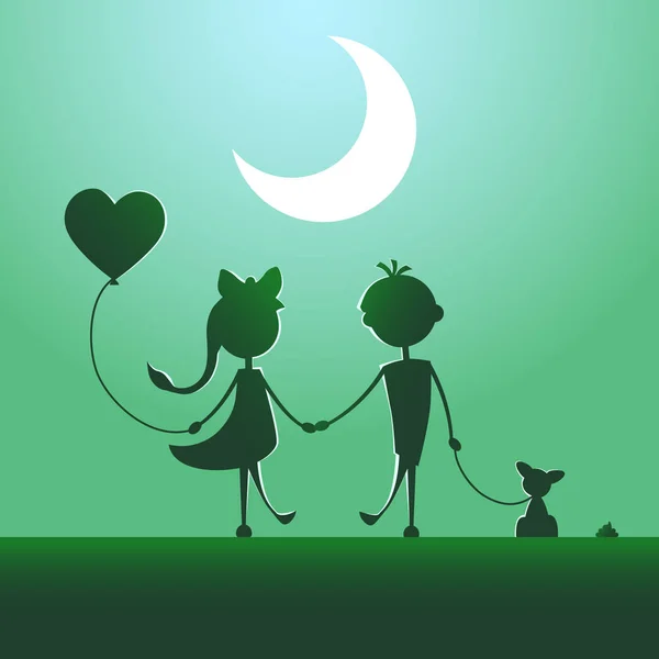 Silhouettes of a boy and a girl walking in the moonlight. — Stock Vector