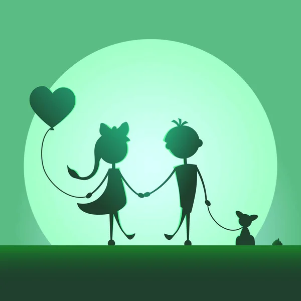 Silhuetter av en pojke och en flicka som promenader i månskenet. — Stock vektor