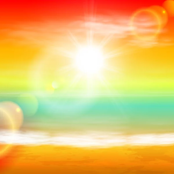 Ηλιοβασίλεμα στη θάλασσα με λαμπρό φως του ήλιου, σχετικά με το φακό. — Διανυσματικό Αρχείο
