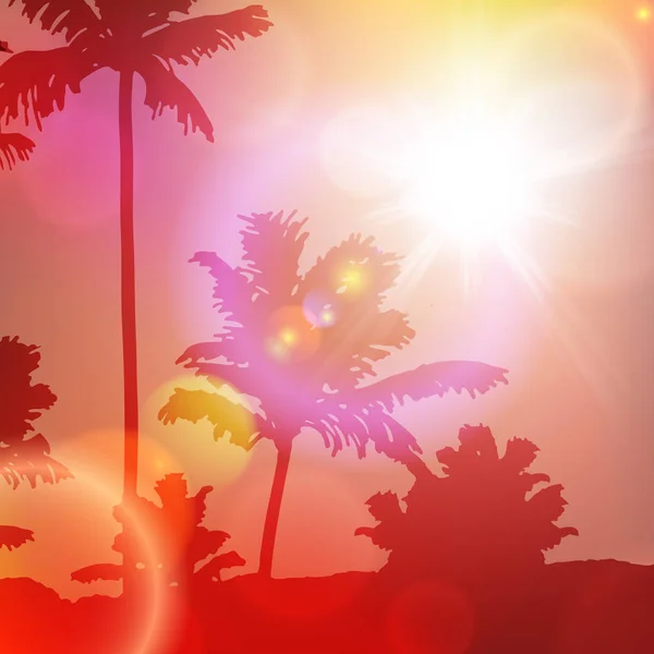 Pôr do sol do mar com ilha e palmeiras — Vetor de Stock