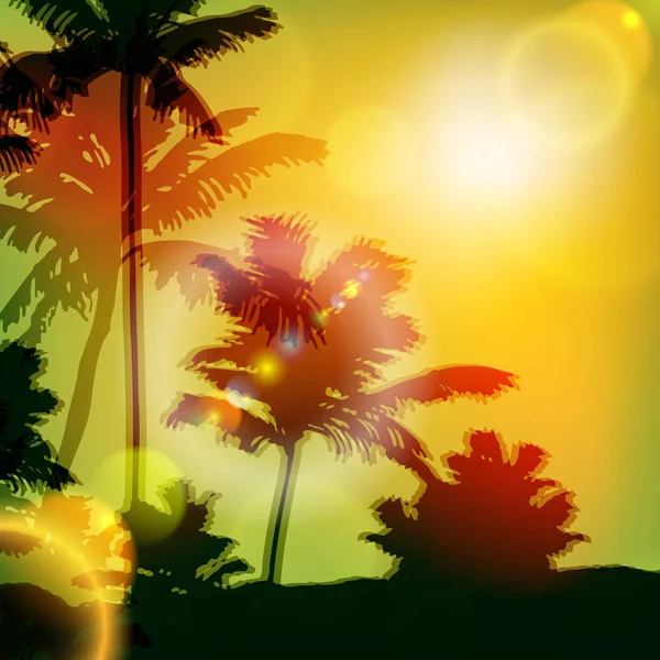 Morze zachód słońca z wyspy i palmy — Wektor stockowy