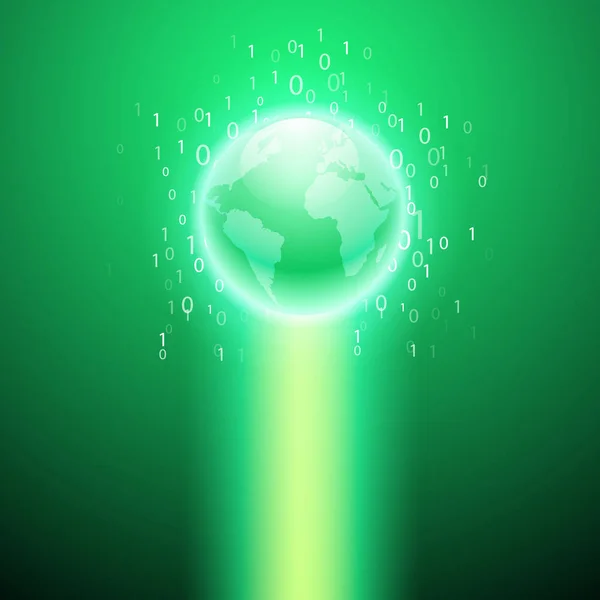 Stream of binary code to the globe. Green background. — Stock Vector