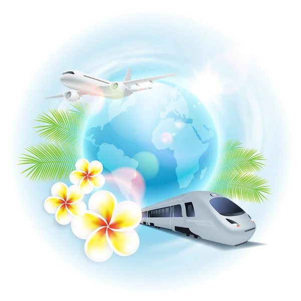 Concept travel illustration with airplane, train, globe, flowers and palm leaves — Stock Vector
