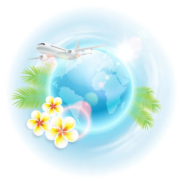 Illustration de voyage concept avec avion, globe, fleurs et feuilles de palmier — Image vectorielle