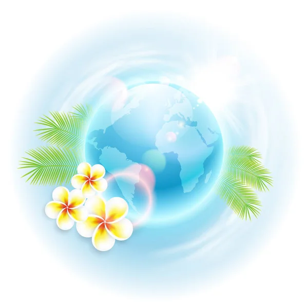 Concept travel illustration with globe, flowers and palm leaves — Stock Vector