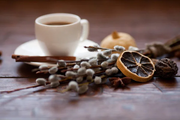 Tasse à café et branches de saule, citron sec, cannelle . — Photo