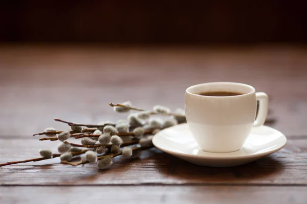 Ghirlanda di ramoscello di salice con boccioli e tazza di caffè — Foto Stock