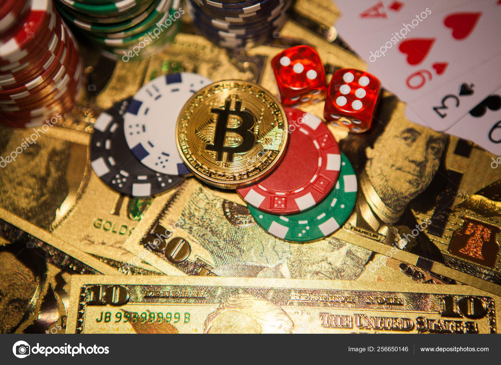 Colorful casino chips, dollars, bitcoins and red dice — Stock Editorial  Photo © vadimrysev #256650146