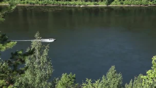 Nehirde Yelkenli tekne. Sibirya ormanı. Havadan manzara. — Stok video