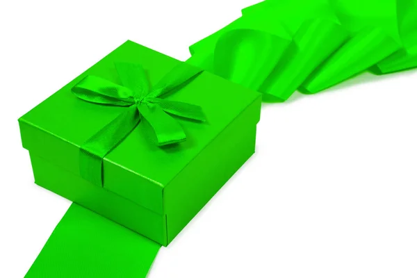 Gift box, green ribbon isolated on white background — Stock Photo, Image