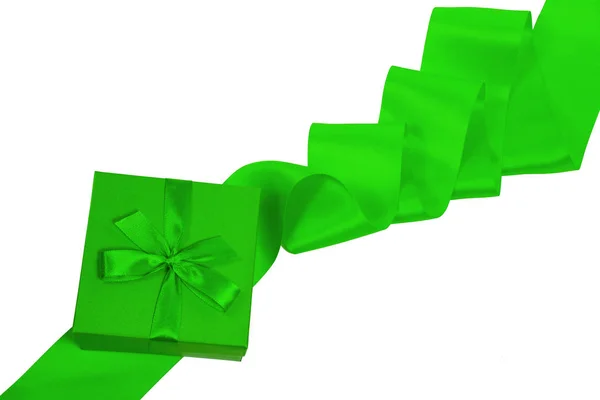 Gift box, green ribbon isolated on white background — Stock Photo, Image