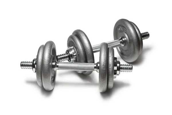 Metal dumbbells for fitness with chrome silver handle isolated on white — Stock Photo, Image