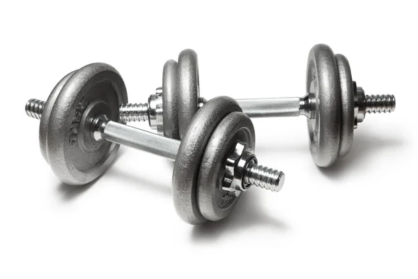 Metal dumbbells for fitness with chrome silver handle isolated on white — Stock Photo, Image