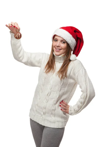 Foto de bastante alegre divertida mujer emocionada celebrar las vacaciones de invierno celebrar las bolas de Navidad —  Fotos de Stock