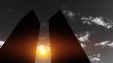 Gün batımında siyah beyaz gökyüzünün arka planında kulelerin silueti. 09.11.2001 Amerikan Vatanseverlik Günü videosu.