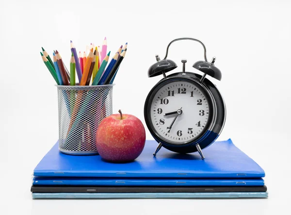 Tijd Voor Schoolconcept Met Boeken Potloden Wekker — Stockfoto