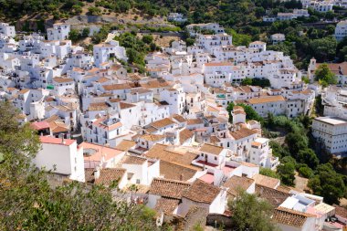 Casares, İspanya: 20 Temmuz 2025: İspanya 'nın Endülüs kentindeki Casares kasabasında çatılar ve beyaz evler